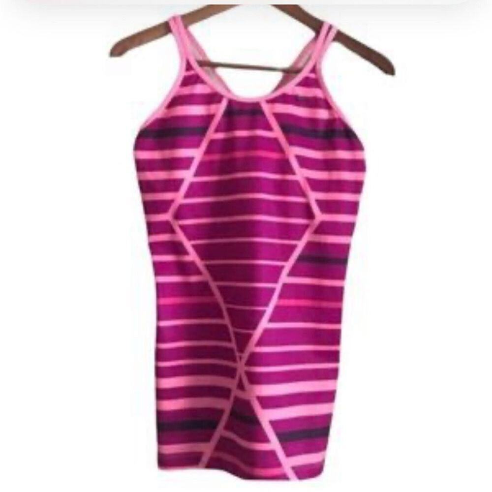 NIKE DRI FIT CRISSCROSS STRIPED PINK TANK TOP BUILT IN BRA SIZE M